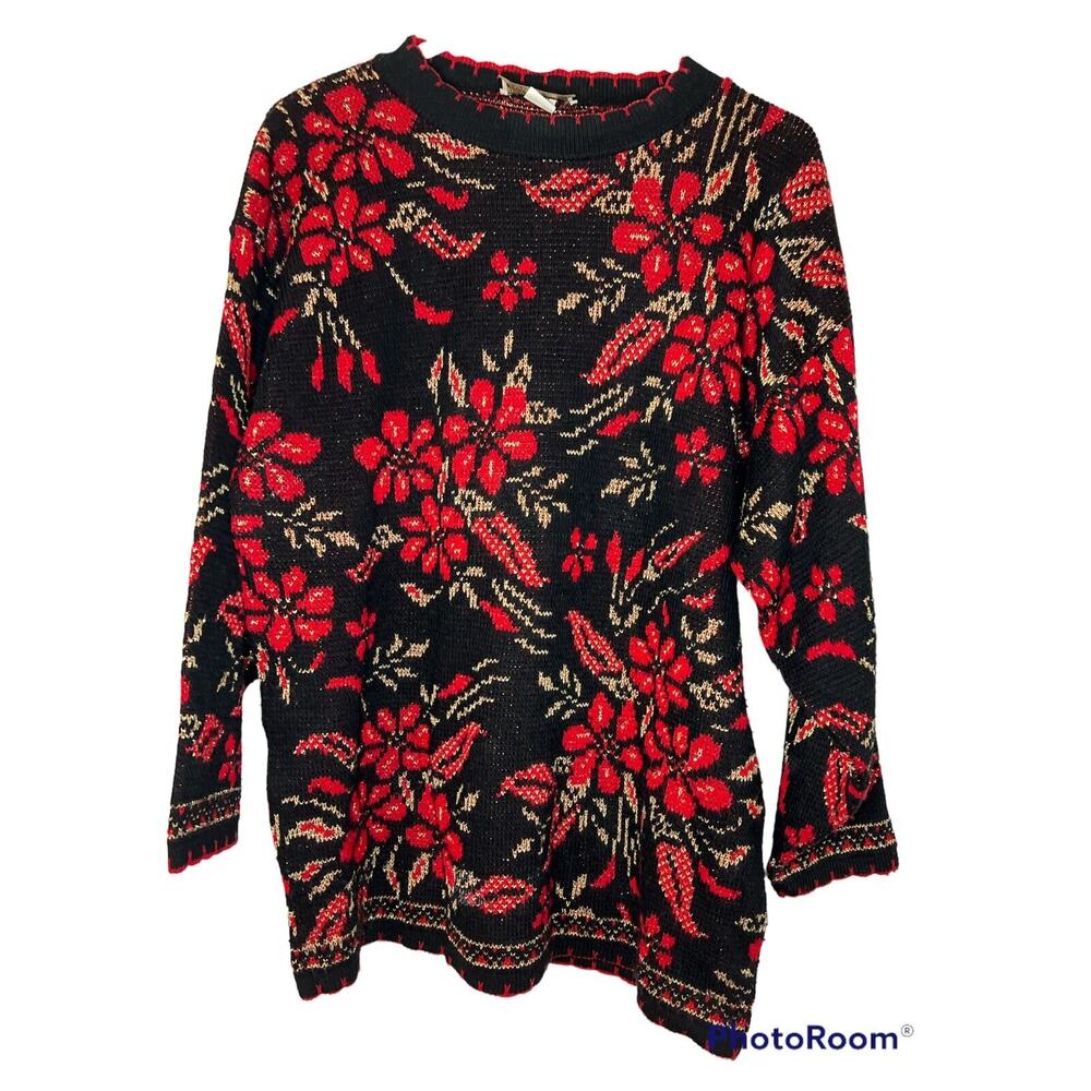 Vintage Dana Scott Floral Metallic Christmas Sweater Large Black Red Gold USA